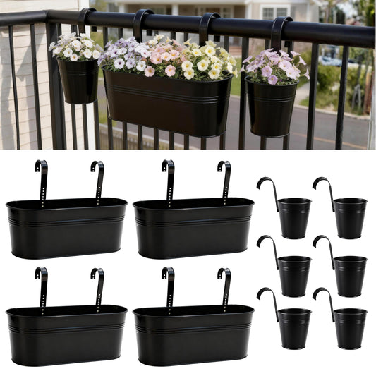 LaLaGreen 17 Inch Rail Planter (10-PIECE Combo Set) Large Black Metal Hanging Rail Fence Flower Pots, Modern Railing Planters for Outdoor Plants Garden Style Iron Patio Planters Deck Balcony Decor