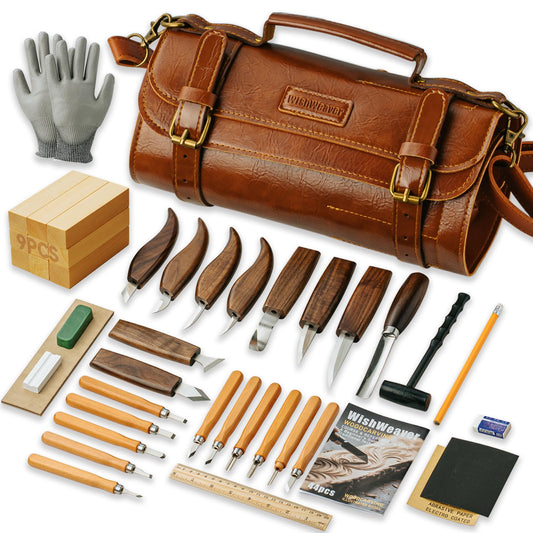 Wood Carving Kit, 44Pcs Wood Carving Tools Set with Thick Leather Storage Bag, Deluxe Wood Carving set, 10 Wood Carving Knives 11 Chisels 9 Blocks Whittling Kit for Beginners Enthusiasts Kids Gift DIY