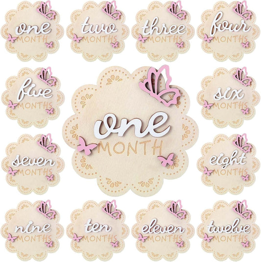 12 3D 1-12 Pcs Butterfly Wooden Baby Girl Monthly Milestone Cards Sign Months Milestone Marker Discs Newborn