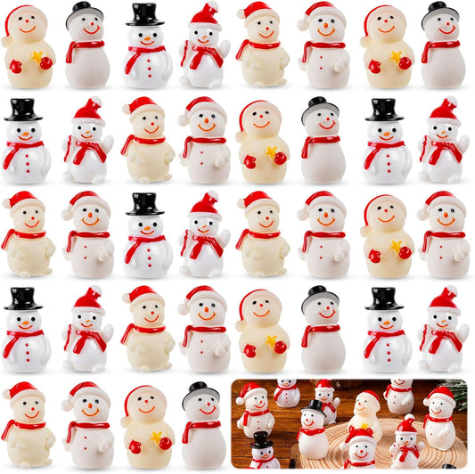 Skiennix Mini Snowman Figurines - 36Pcs Resin Snowmen with Hats for DIY Christmas Decor