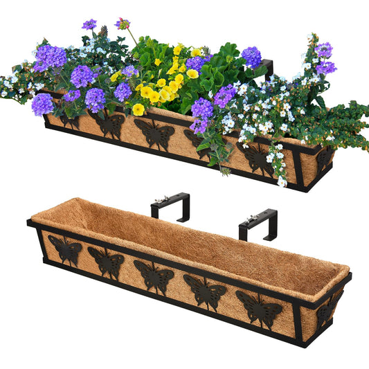 TPHUC Window Box Railing, 24IN Black Metal Hanging Flower Planter Basket with Coco Liner for Outdoor Balcony Porch Fence Patio for Home, Office and Hotel (Black - 2 Pcs/Set)