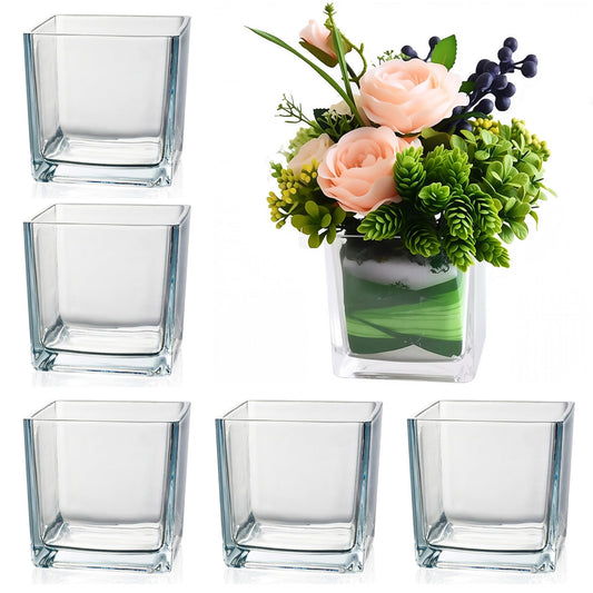 Set of 6 Square Glass Vases for Centerpieces – 5in x 5in x 5in Clear Short Flower Vase, Plant Terrariums, or Candle Holders for Wedding Centerpieces, Office Decor, Home Décor, Parties