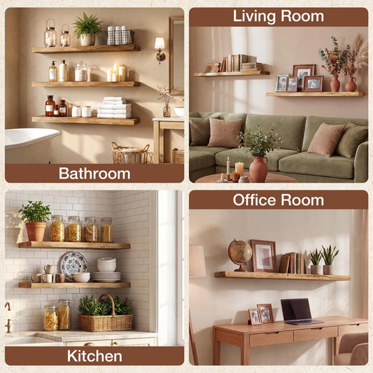 Axeman 36 inch Live Edge Floating Shelves for Wall, 8 Inch Deep Solid Locust Wood Wall Shelves - Rustic Wooden Shelves with Invisible Brackets for Living Room Bedroom Kitchen, Set of 2