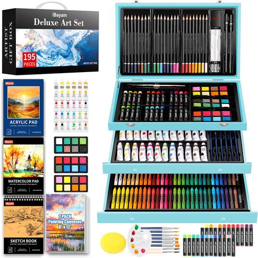 iBayam Art Set for Kids Teens Girls Boys Adult, 195-Pack Deluxe Artist Gift Box with 3 PCS Drawing Pads, A4 Canvases, Arts and Crafts Kits, Painting, Drawing & Art Supplies with 24 Color Acrylic Paint