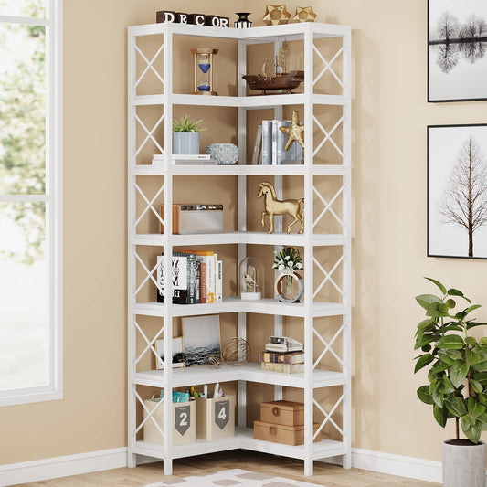 Tribesigns 7-Shelf Corner Bookshelf,Large Modern Corner Bookcase, 7-Tier Tall Corner Shelf Storage Display Rack with Metal Frame for Living Room Home Office (White)