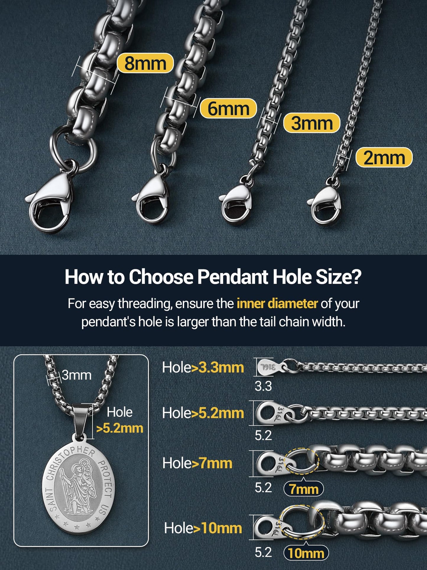 PROSTEEL Mens Chain Necklace, Squre Rolo Link Chains Stainless Steel Necklace 2mm Waterproof & Strong Lobster Clasp Men and Women Jewelry with Gift Box 18in