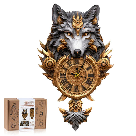 Rnfinewow 3D Puzzles for Adults, Gray Wolf DIY Clock Kit with Pendulum, Beginner 3D Wooden Puzzles Model Kit Crafts for Home Wall Decor Hobbies Birthday Christmas Day Gift