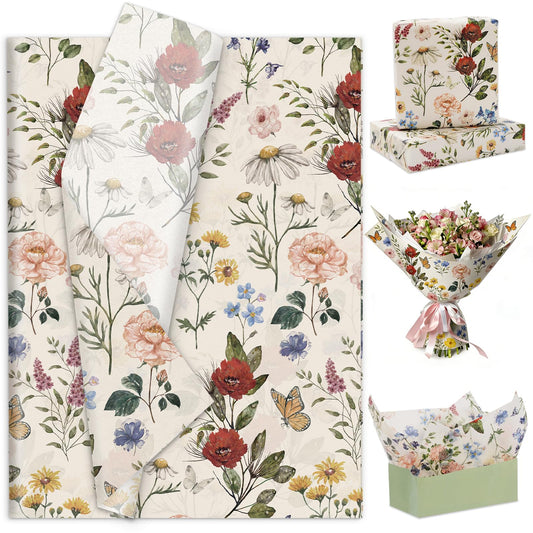 100 Sheets Floral Tissue Paper Vintage Wildflower Gift Wrapping Paper Floral Bouquet DIY Art Crafts Tissue Butterfly Flower Printed Papers Decor for Spring Wedding Bridal Shower Birthday, 14 x 20 in