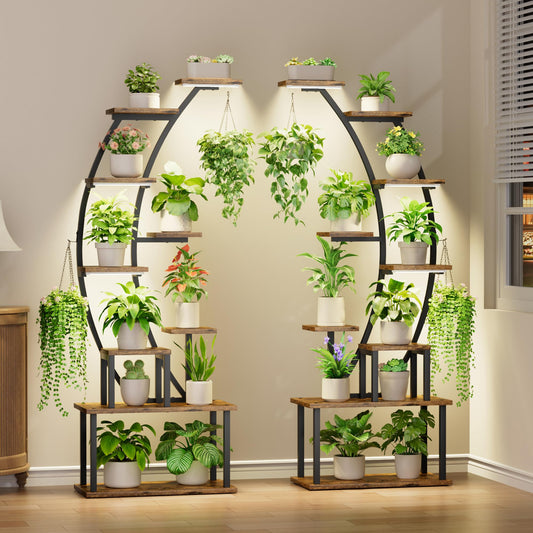 BACEKOLL Plant Stand Indoor with Grow Lights, 9 Tiered Metal Plant Shelf, 64" Tall Plant Stand for Indoor Plants Multiple, Large Plant Rack Display Shelf, Curved Plant Holder for Living Room, Patio
