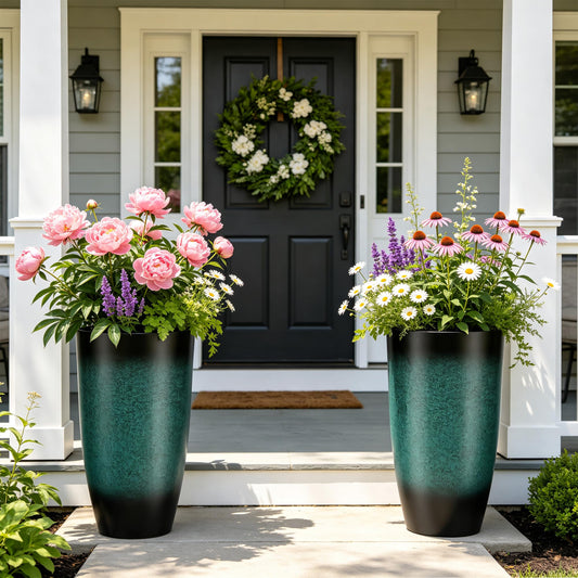 Autodaya 24" Tall Planters Set of 2, High-Density PP Ceramic-Look Outdoor Pots for Plants, Versatile Indoor/Outdoor Flower Pots w/Drainage Hole for Patio Garden Porch & Living Room Decor, Ideal Gift