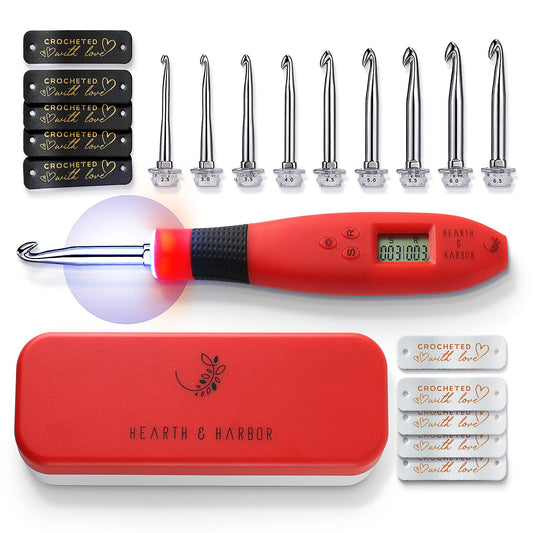 Hearth & Harbor Light Up Crochet Hook Set with Case, Counting Crochet Hook Set Digital for Stitch and Row Counter, Lighted Crochet Hook Set with 9 Interchangeable Crochet Hooks