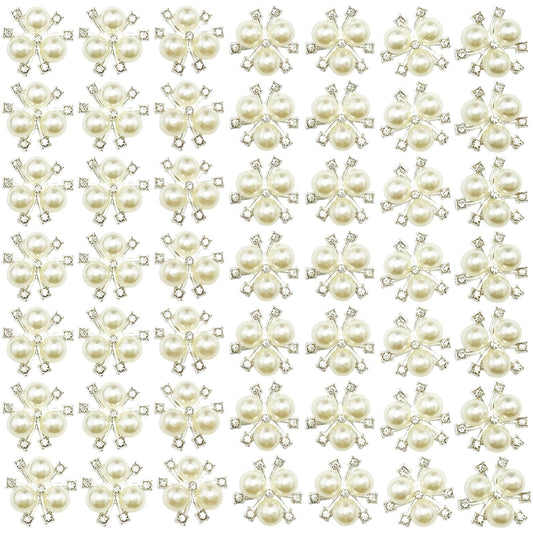 BETITETO 50Pcs Pearl Rhinestone Charms Buttons Embellishments Bulk Flatback for Shoe Decoration Jewelry Making Clothes Brooch Headbands and Wedding Flower Bouquet Crafts DIY (#1 Silver Alloy)