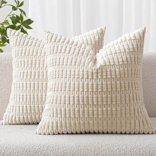 MIULEE Corduroy Throw Pillow Covers - Soft Boho Striped Design | 18x18 Inch Cream White for Modern Home Decor