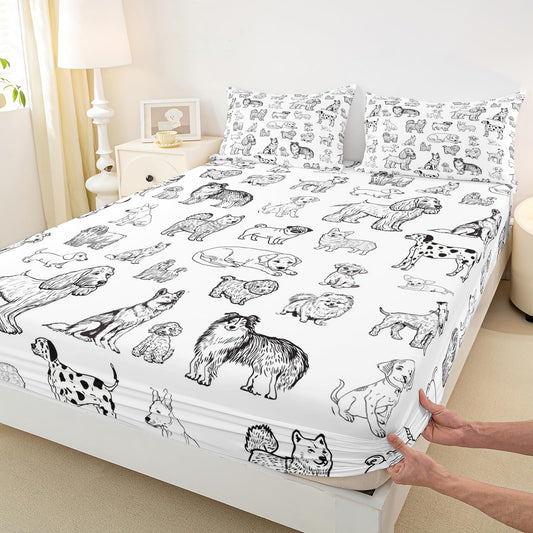 Cartoon Dog Fitted Sheet Queen Size Black White Dog Puppy Sketch Bedding Set 3Pcs for Kids Girls Boys Adult Room Decor Cute Pet Animals Bed Sheet Soft Lightweight Deep Pocket Sheet,2 Pillowcase