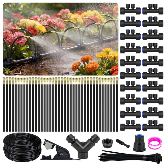 Drip Irrigation System 2 Ports - 360°Adjustable Garden Watering System 66FT with 40 Nozzles, Drip Irrigation Kit for Garden, Yard, Lawn, Greenhouse, Plants, 2/5 inch Hose