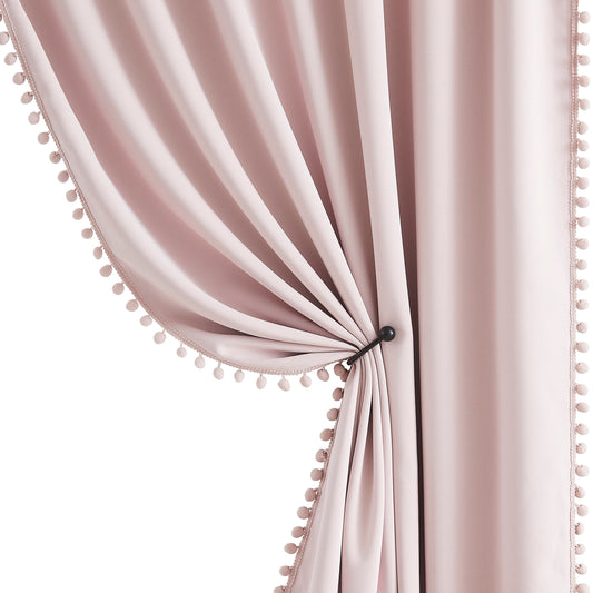 Jubilantex Pom Pom Pink Blackout Curtains 84 inches Long 2 Panels Triple Weave Window Treatments for Girls Bedroom and Living Room,52" x 84",Grommet