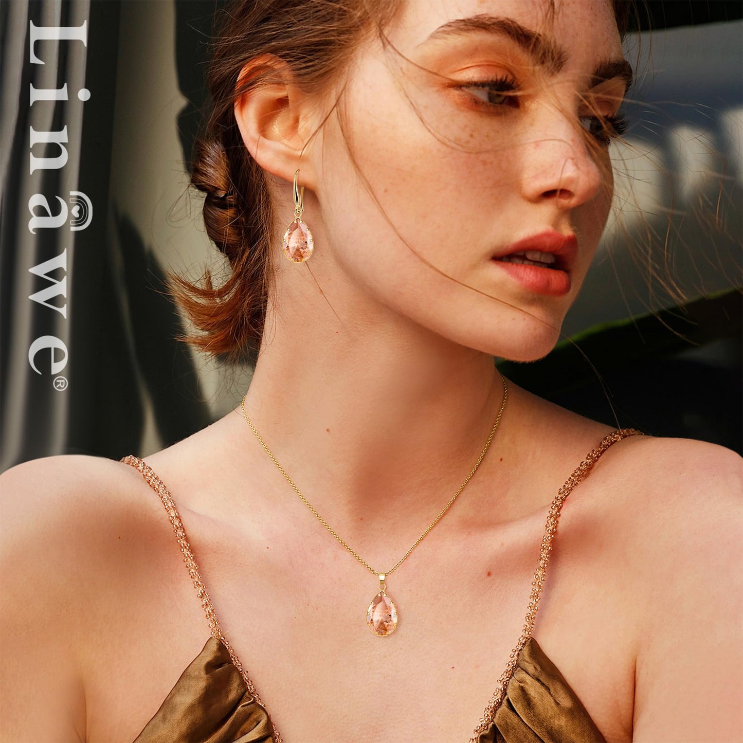 Linawe Citrine Crystal Gold Jewelry Sets for Women, Imitation Diamond Pendant Necklace Set, Rhinestone Drop Dangle Earrings Set, Birthstone Cubic Zirconia Matching Wedding Jewelry Set