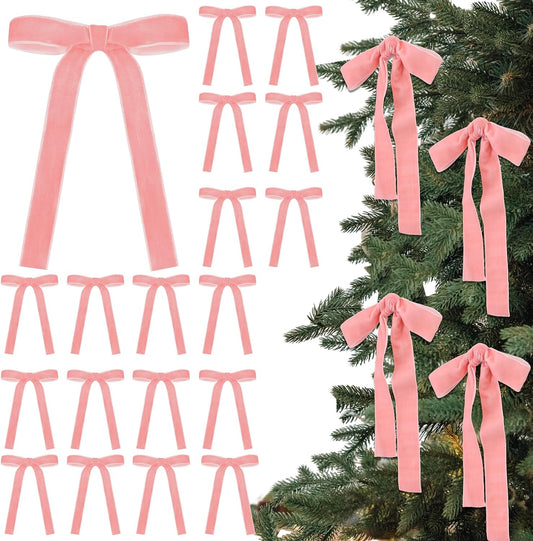 Skiennix 24 Pcs Velvet Bows - Vintage Ribbon Bows for Christmas Tree & Crafts | Dusty Pink, 5 x 7 Inch