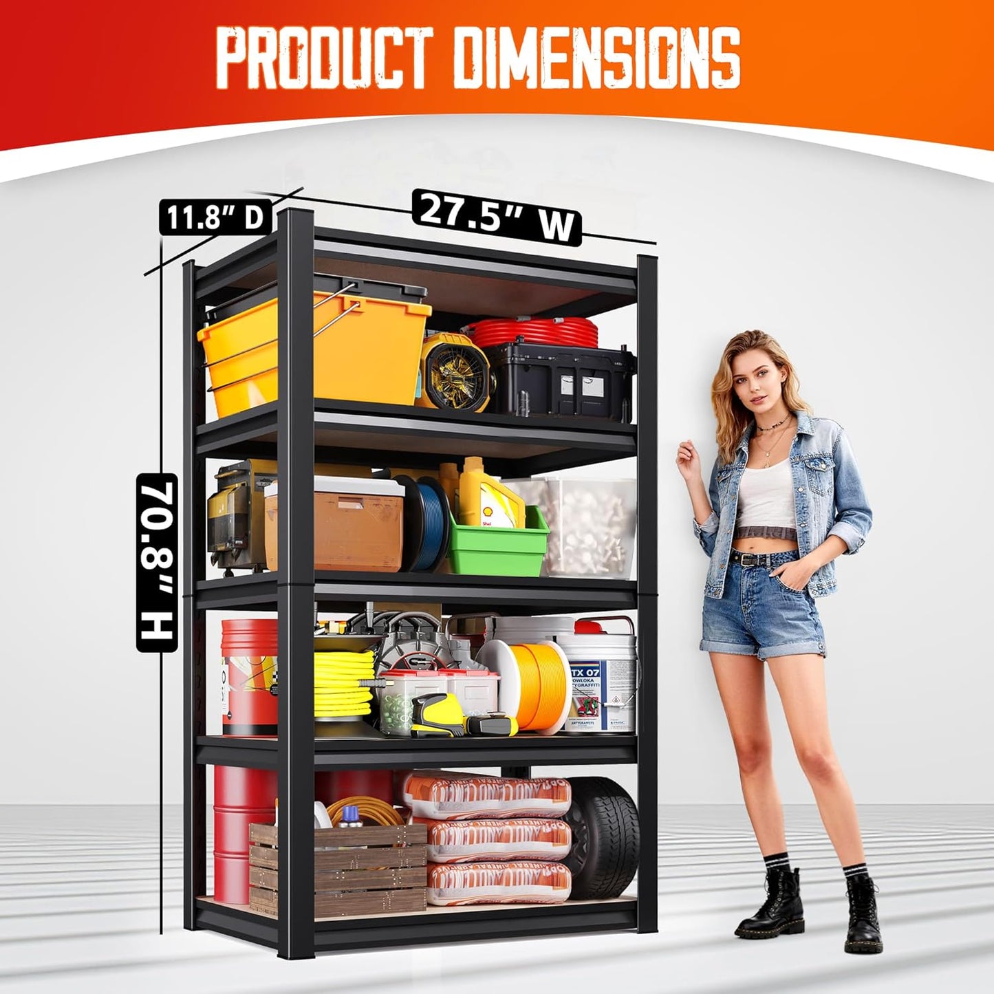Skiennix Heavy Duty Garage Shelving - 5 Tier Adjustable Metal Storage Rack | 71" H x 28" W x 12" D for Home & Industrial Use
