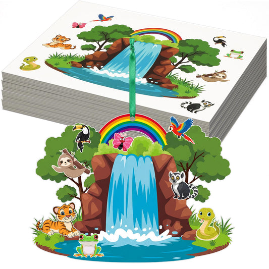 MotiMind 96 Pack Rainforest Fall Animal Craft Kits for Vbs 7.87 Inch Jungle Waterfall Rainbow Scene with Animal Stickers Rainforest Falls Craft Set for Sunday School Church DIY Hanging Decoration