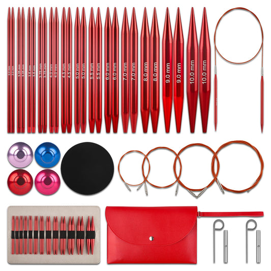 Interchangeable Circular Knitting Needles Set - 13 Pairs | Premium Aluminum Knitting Needles & Accessories | Red1