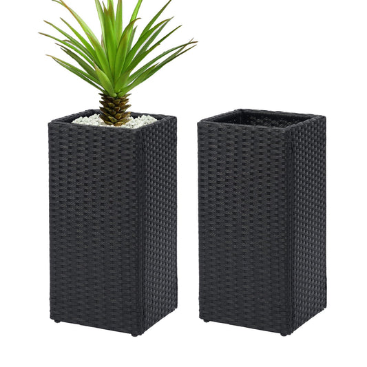 LEWIS&WAYNE Set of 2 Tall Planters for Outdoor Plants Handmade 24'' Wicker Tall Square Planter Box with Removable Liners Modern Planter for Indoor Outdoor Garden Patio Front Porch - Black
