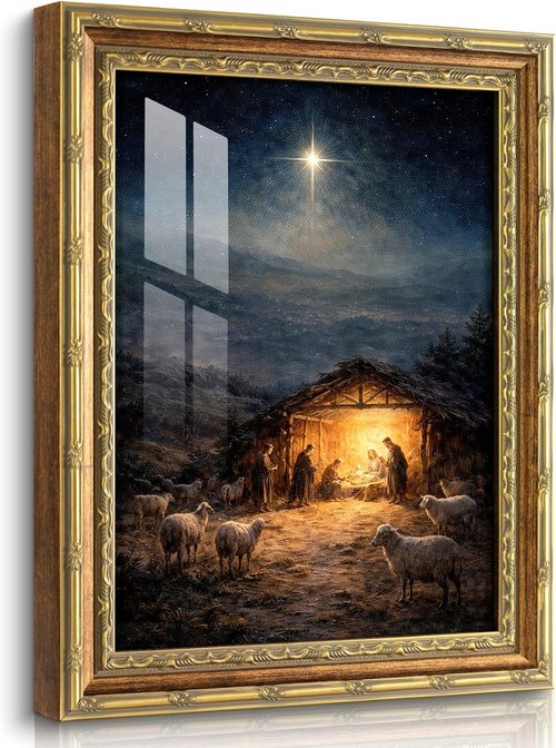 HUARCEY Framed Glass Nativity Scene Canvas Wall Art - Vintage Gold Frame, Jesus Birth Decor for Home & Church