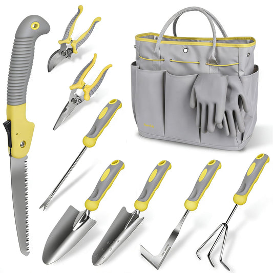 Garden Tool Set, Carsolt 10 Piece Stainless Steel Heavy Duty Gardening Tool Set for Digging Planting Pruning Gardening Kit with Durable Bag Gloves Gift Box Ideal Garden Gifts for Women Men