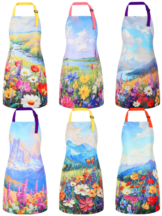 Bencailor 6 Pcs Spring Kitchen Aprons with Pockets Flower Rooster Bee Butterfly Sunflower Summer Aprons Bulk for Women(Colorful,Flower)