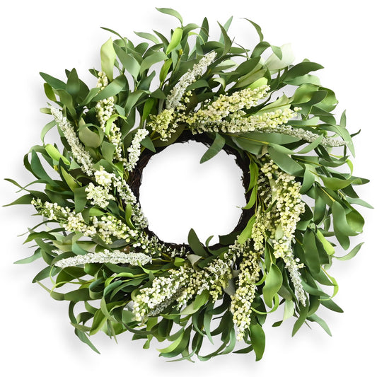 Greenery Spring Wreath for Front Door, 26 Inch Large Wreath with Artificial Eucalyptus Leaves and Cream Ear of Grain, All Season Spring Wreath for Wedding Rustic Modern Farmhouse Home Decor
