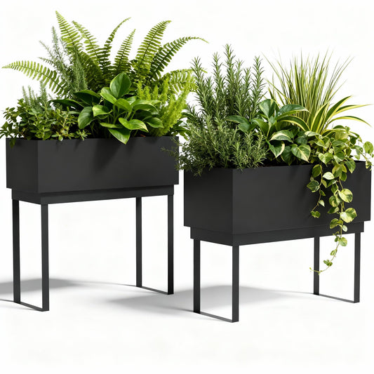 Worth Set of 2 Raised Metal Planter Box with Legs, Large & Small Matte Black Galvanized Steel Elevated Garden Beds with Drainage Hole & Plug for Vegetables, Flowers & Herbs, Indoor & Outdoor Use
