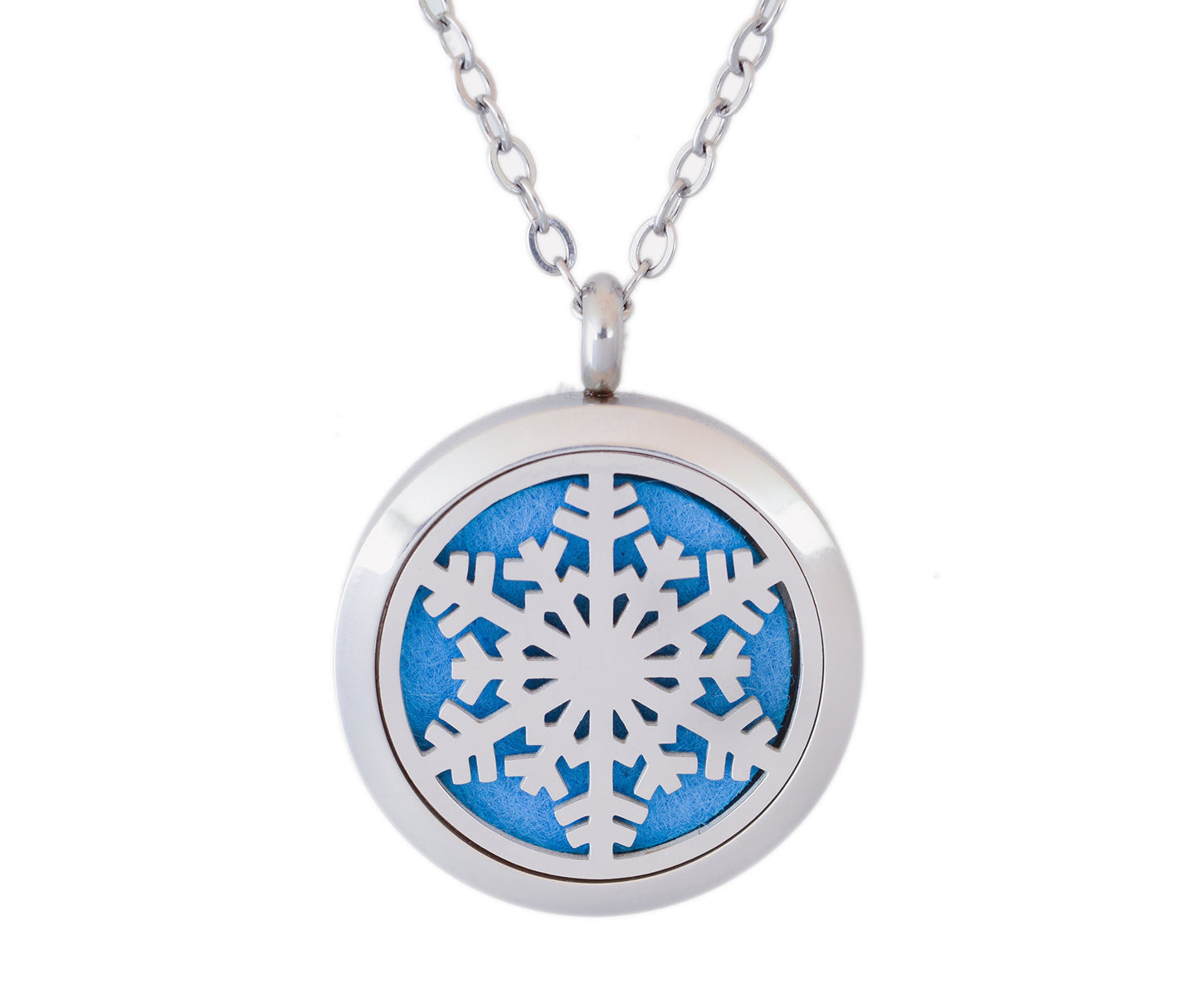 Aromatherapy Essential Oil Diffuser Stainless Steel 30MM Silver Magnetic Locket Pendant with Chain Necklace and Colored Refill Pads & Diffuser Bracelet All in a Velvet Bag (Snowflake3)