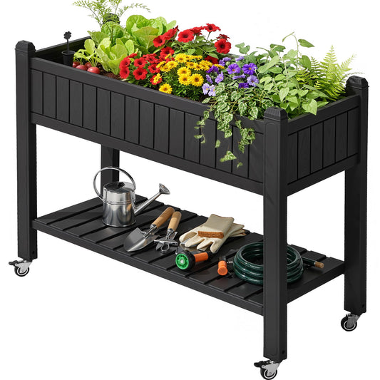 YITAHOME 42.5x17.3x35.4 in Raised Garden Bed, Outdoor Plastic Planter Box with Wheels, Legs, Drain Plug, and Storage Shelf for Plants, Vegetables, Flowers, Herbs, Black