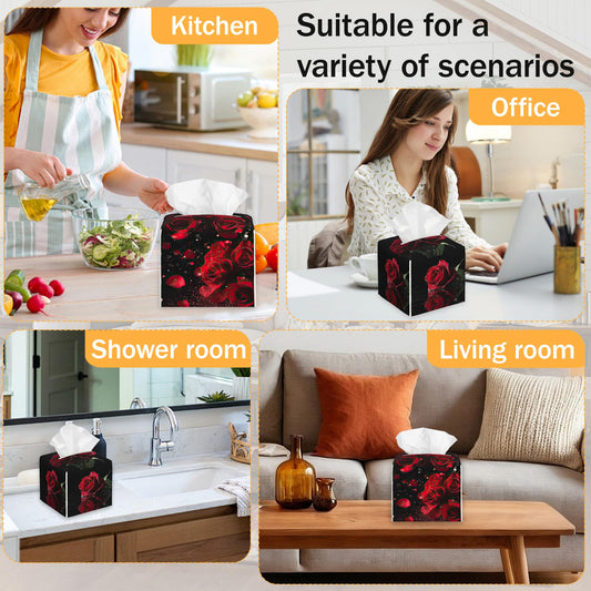 2 Pcs Tissue Box Cover Square Leather Tissue Case Holder Facial Paper Organizer Decorative for Bathroom Kitchen Car Office Home Decor (Rose Flowers Valentines Day)