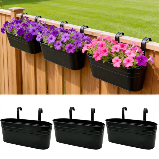 SYITCUN Metal Railing Planter Boxes 16 Inch, 3-Pack Adjustable Hanging Flower Pots for Balcony, Deck, Porch & Fence, Detachable Hook Design, Black Heavy Duty Planters for Outdoor