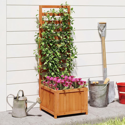 Giantex Wood Raised Garden Bed with Trellis, Outdoor Planter Box for Vines Flowers Vegetables, Herbs, Freestanding Plant Container Privacy Planters for Porch, Patio, Backyard