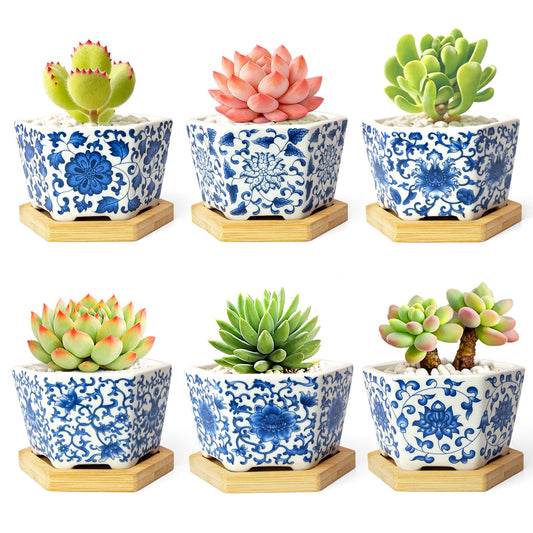 Succulent Pots, 3.7" Small Plant Pots with Drainage Tray, 6 Pack Small Planters for Indoor Plants, Ceramic Flower Pots for Cactus, Mini Succulents, Home Decor, Vintage Blue