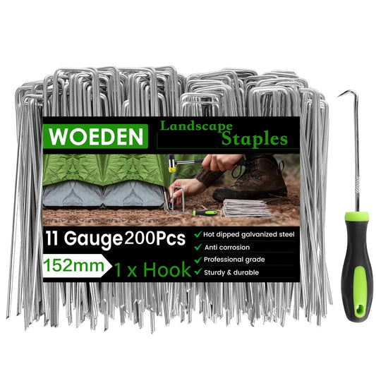 200 Pack 6 Inch Landscape Staples + 1 Hook 11 Gauge Heavy Duty Galvanized Garden Stakes, U-Shaped Ground Pins for Weed Barrier Fabric, Drip Irrigation Tubing, Sod, Lawn & Christmas Outdoor Decorations
