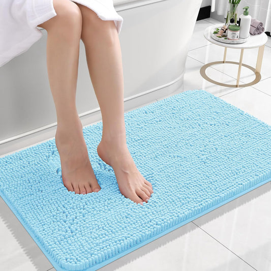 OLANLY Bath Rugs - Extra Soft Chenille, Quick Dry & Absorbent | 24x16 Sky Blue Machine Washable Mats