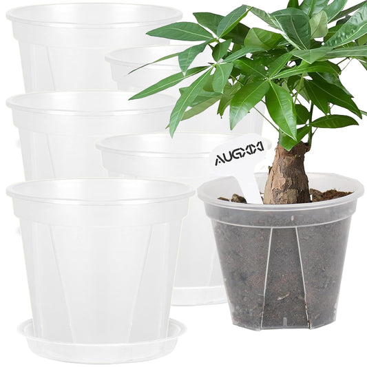AUGXIXI 5 Sets 8 Inch Transparent Plastic Garden Pots Planter with Saucer Plant Planter Drainage Hole Plastic Pots for Plants Indoor and Out Door House Plants with 10pcs Plant Labels