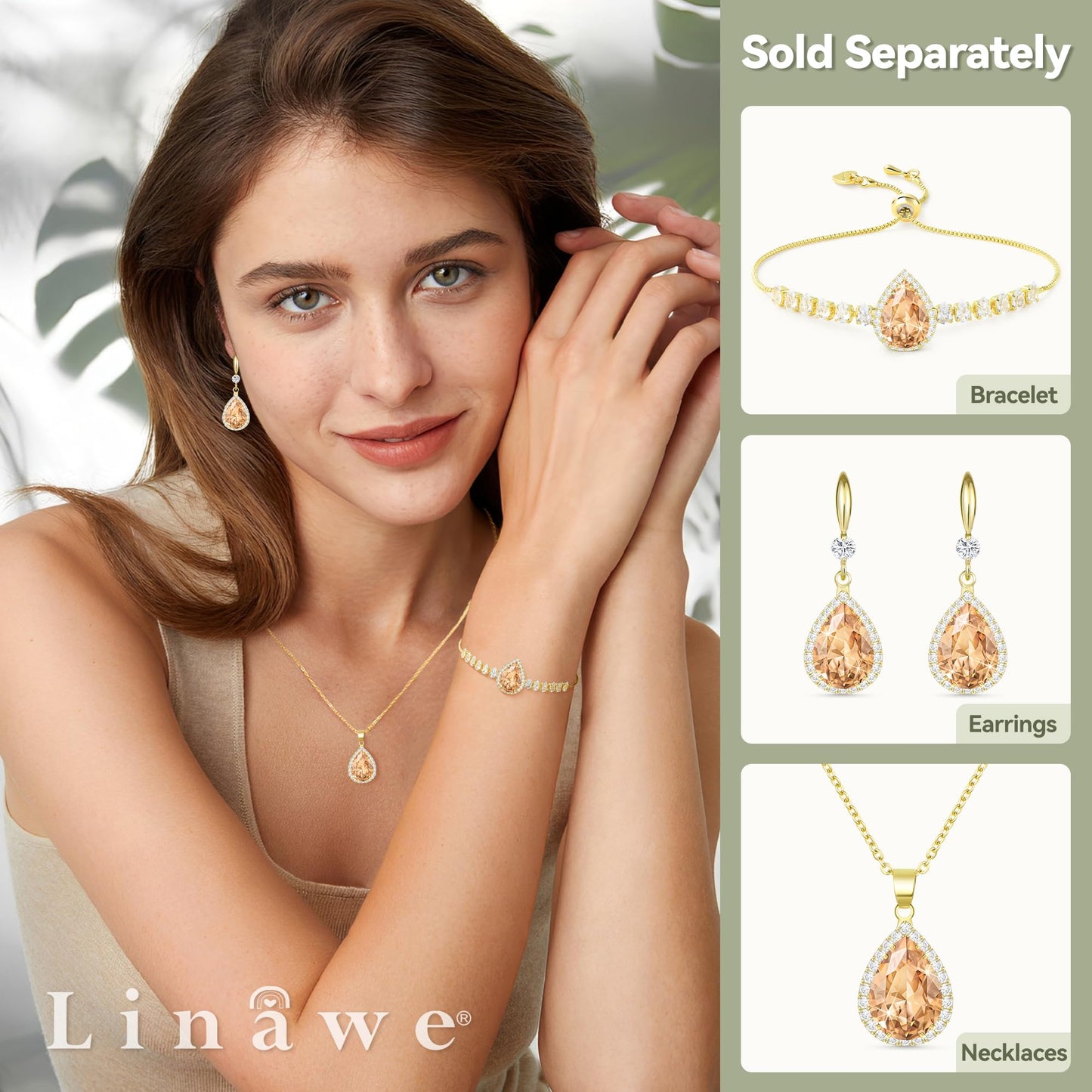 Linawe Gold Color Dangly Earrings, Champagne Cubic Zirconia Fake Diamond Drop earrings for Women, Birthstone Pear Shaped Rhinestone Fall Earrings, Formal Jewelry for Evening Wear