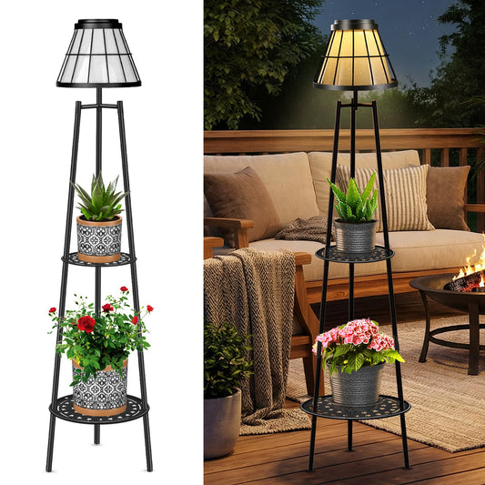 MXwcy 2-Tier Solar Plant Stand with Light, Modern Outdoor Floor Lamp with Classic Grid Lantern, Waterproof Tall Metal Planter Display Rack for Patio, Porch, Balcony, Garden Decor (2 Pack)
