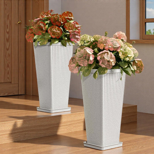 Diyfire Front Porch Planters Outdoor Set of 2, 24" Tall Plastic Planters for Outdoor Plants with Drainage, Extra Large Outdoor Planter Pots, Tapered Tall Planters for Front Door & Indoor Plants, White