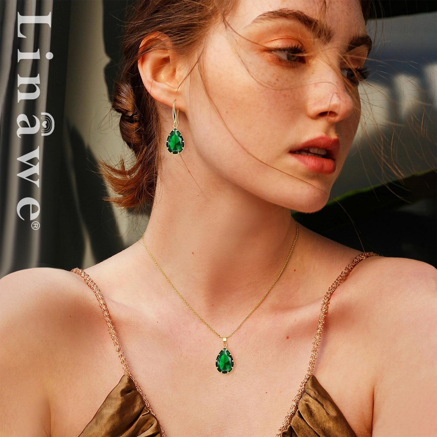Linawe Emerald Crystal Jewelry Sets for Women, Gold Pendant Necklace Set, Green Imitation Diamond Drop Dangle Earrings Set, Boho Rhinestone Matching Jewelry for Wedding Bridal Bridesmaid
