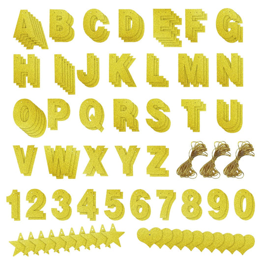 Blue Panda Custom Banner Kit - 126 Pieces, Gold Glitter, Letters A-Z & Numbers 0-9 with Stars, Hearts & 3 Strings - DIY Banner Gold, Create Your Own Garland & Personalized Party Decor