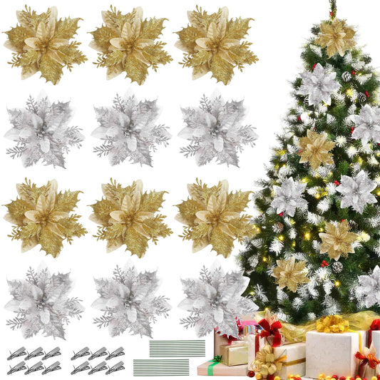 12 Pcs Christmas Glitter Poinsettia Flowers with Clips Stems Xmas Tree Wreaths Garland Decoration Ornaments Artificial Floral Picks Decor for DIY Wreath New Year Wedding Home Party (Gold Silver)