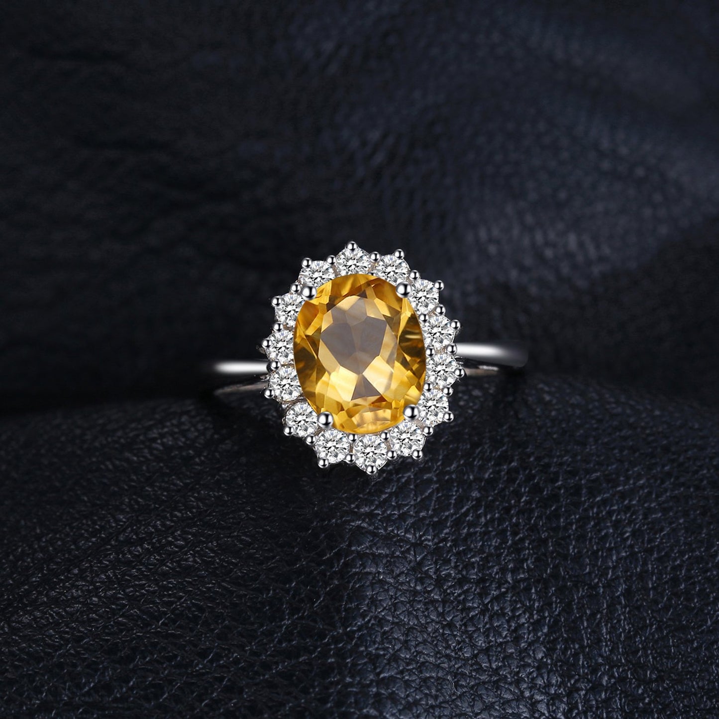 JewelryPalace Princess Diana Kate Middleton Gemstone Birthstone Yellow Amethyst Halo Statement Engagement Rings for Women, 14K White Gold Plated 925 Sterling Silver Promise Rings for Her Size 10.5