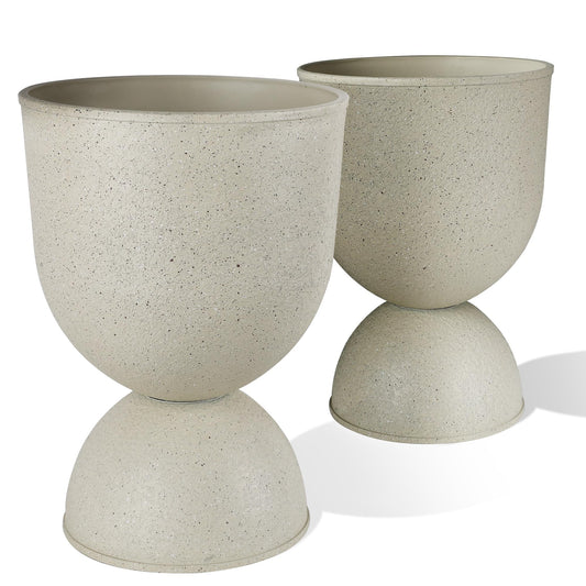 KOL Planters Flower Pots, Plastic Urn Planters for Indoor Outdoor Plants, Beige Pedestal Planter Pots 2 Pack, 15 Inch Tall Decorative Planters with Drainage Holes & Plugs for Front Porch Patio Garden