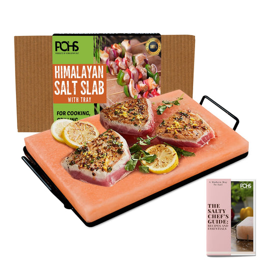 POHS Himalayan Salt Block Cooking Plate 12x8x1.5 for Cooking, Grilling, Cutting and Serving, with Metal Tray & Recipe Booklet Unique Gifts for Men, Women, Chefs & Cooks