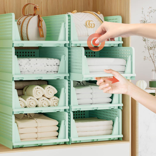 Stackable Plastic Storage Drawers - Closet Organizer with Open Bins for Clothes | 5-Drawer Set in Green